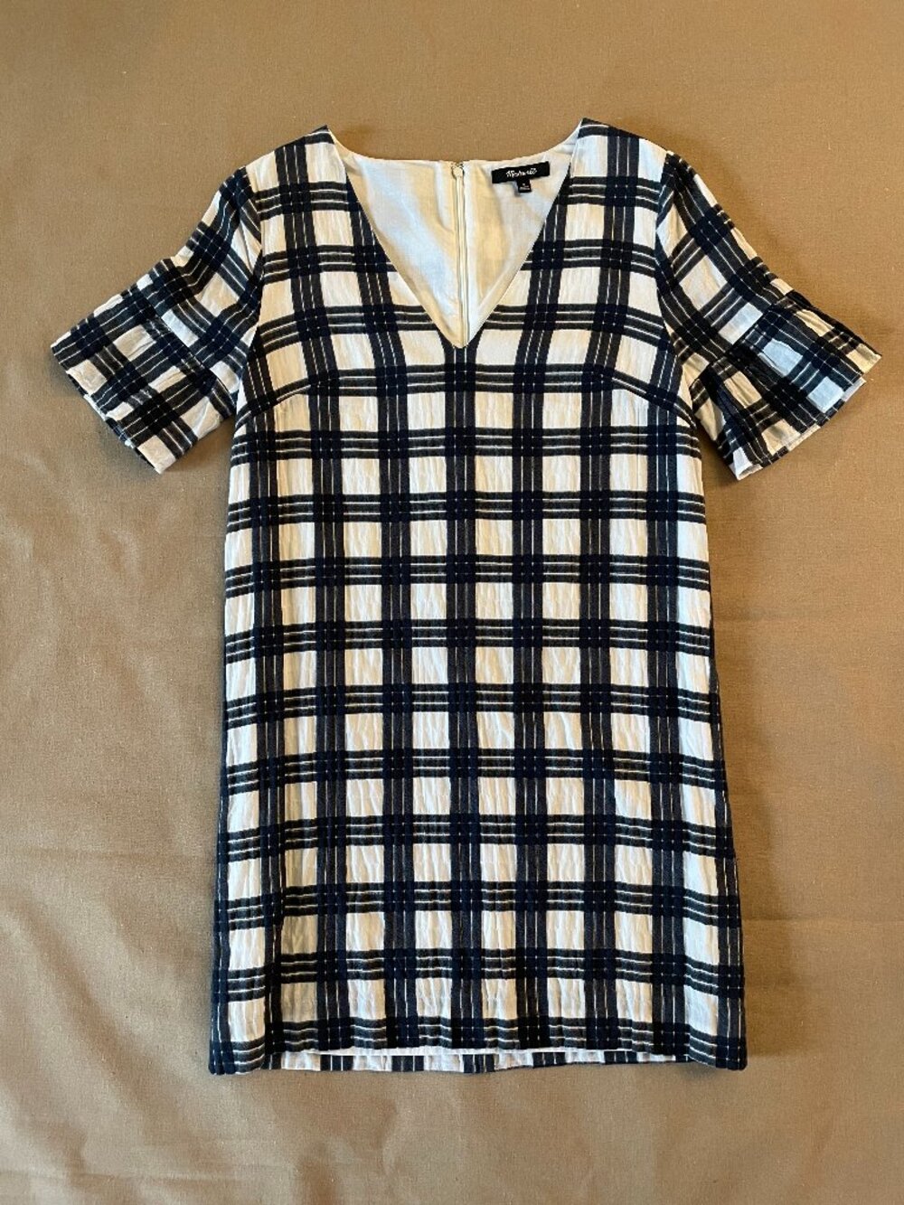 Madewell Bell Sleeve Dress Size 0 Leighton‎ Plaid Dark Blue White Preppy Classic